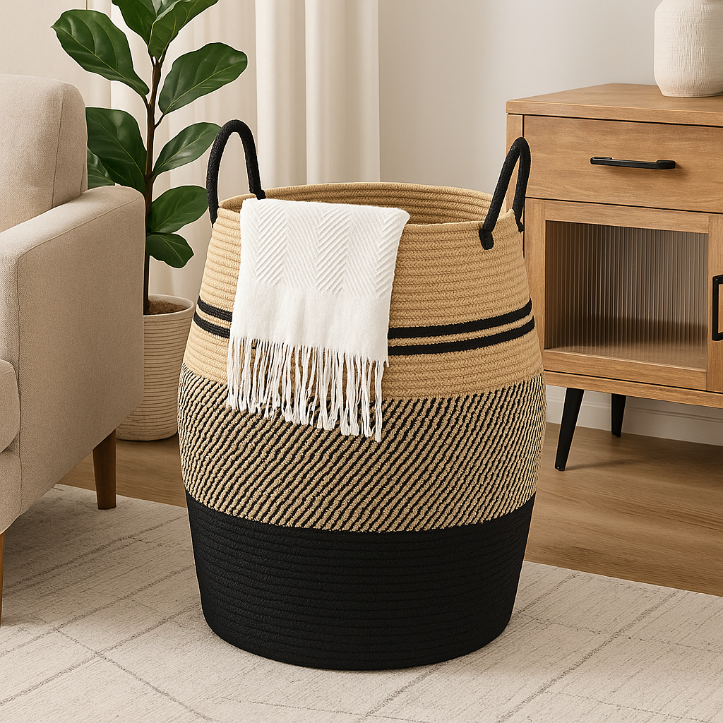 Woven Storage Basket with Handles - Natural & Black
