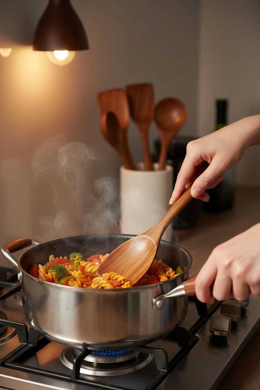 Close-up of wooden spatula being used to stir food in pot