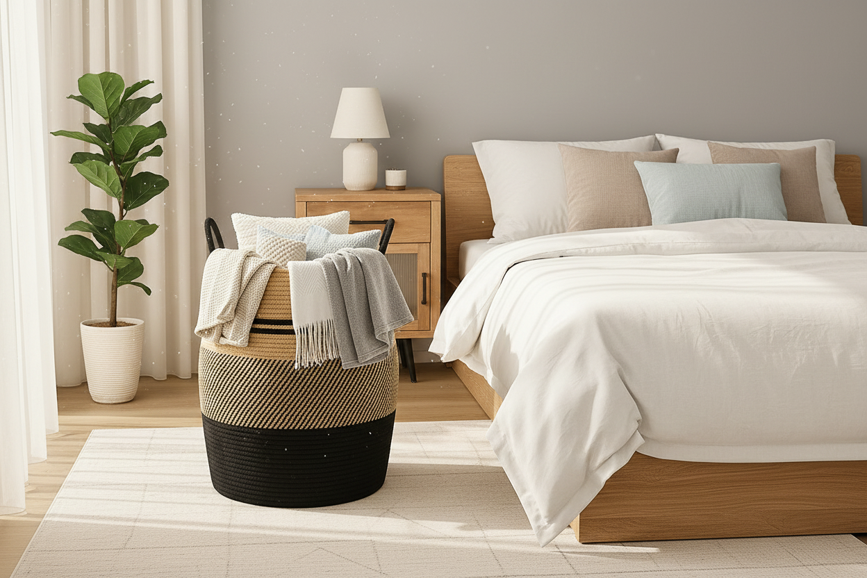 Storage basket filled with cozy blankets in bedroom setting