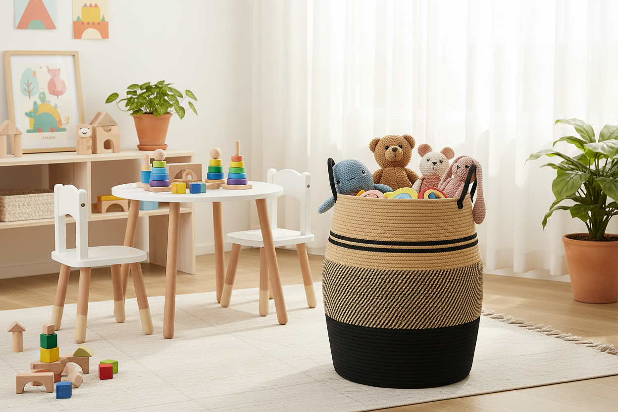 Woven basket organizing toys in children's room