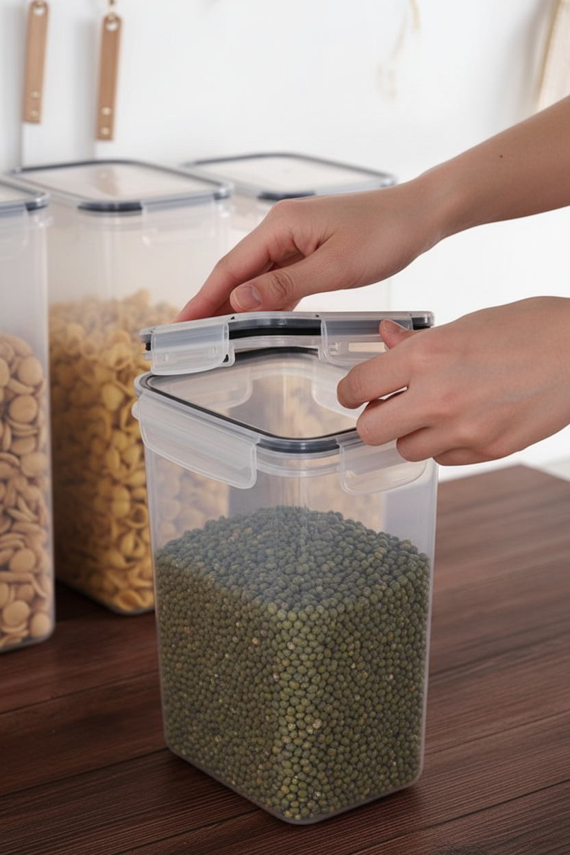 Close-up of hands opening airtight container with click-lock lid mechanism