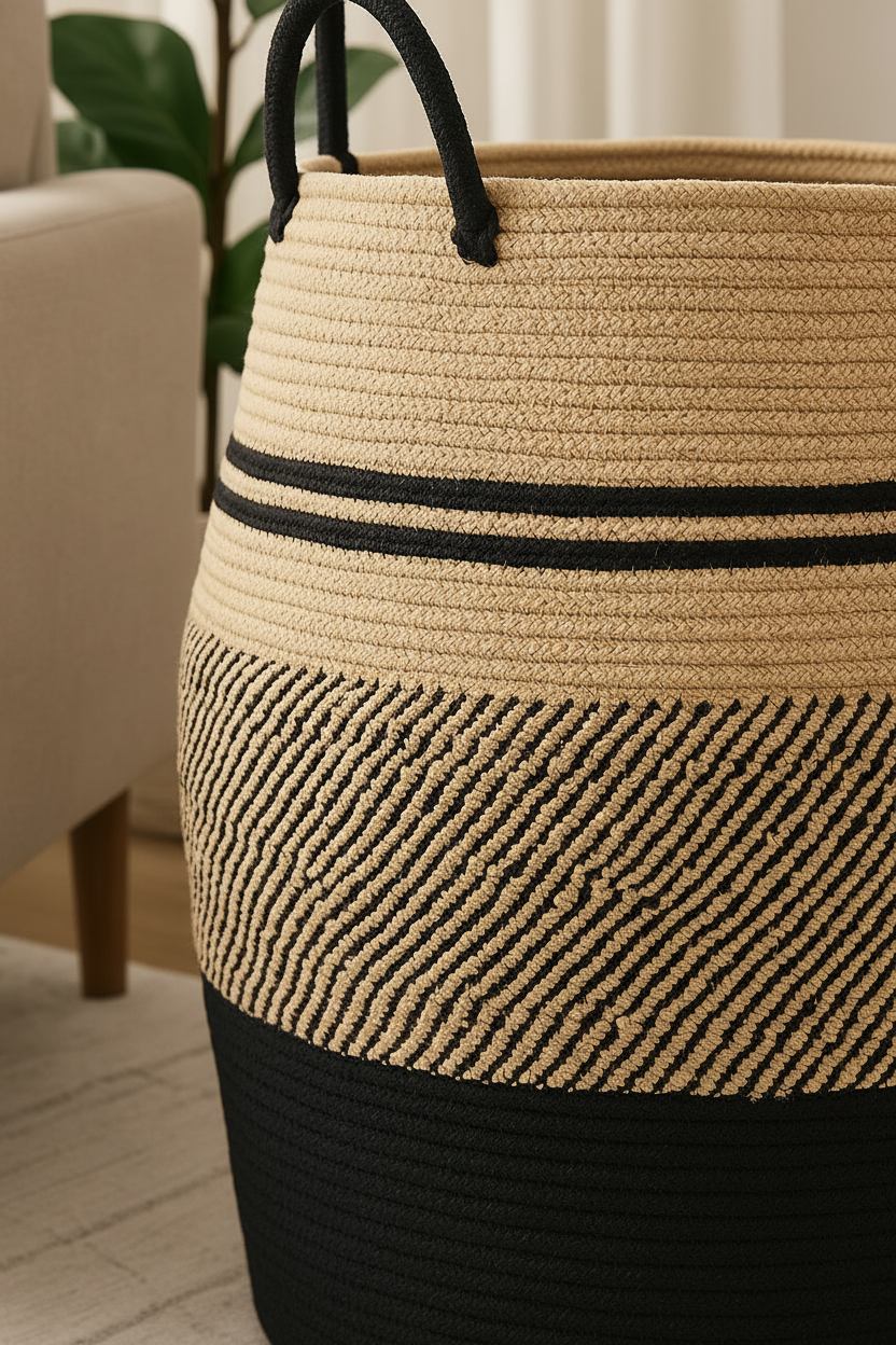 Close-up detail of handwoven jute basket texture and black handles