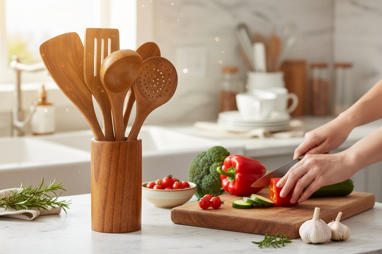 Wooden utensil set in holder on kitchen countertop with fresh ingredients