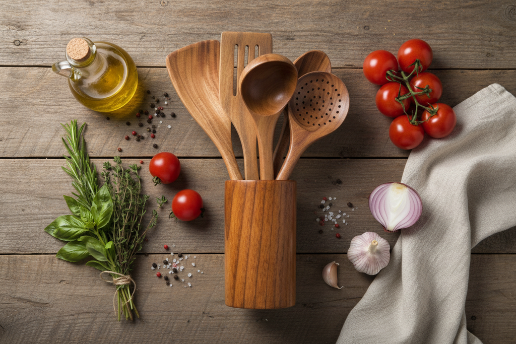 Flat lay of wooden utensil set with fresh cooking ingredients
