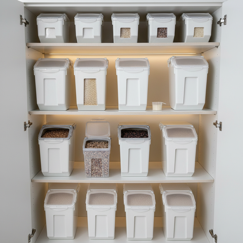 Rice storage containers organized in kitchen pantry