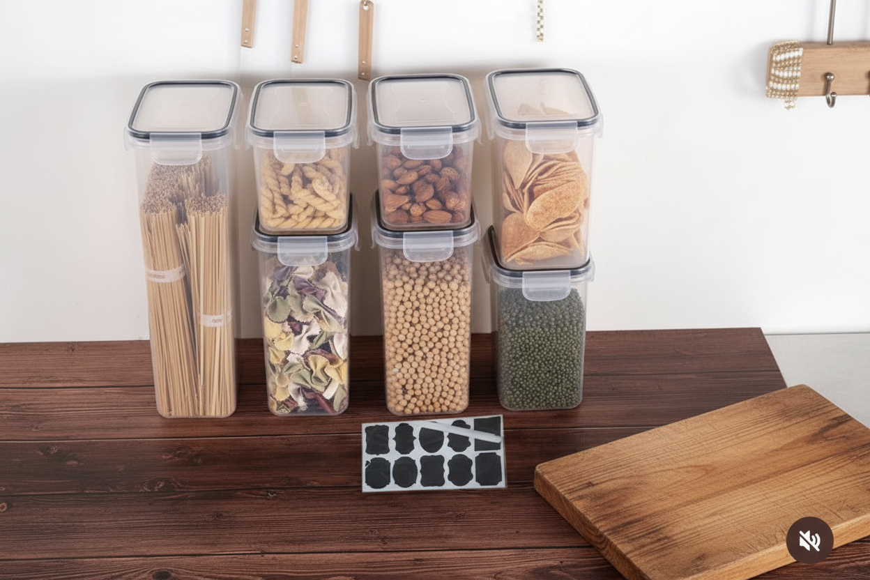 Flat lay of multiple clear storage containers with colorful ingredients on kitchen counter