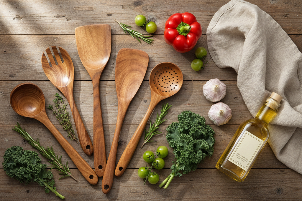 Flat lay of wooden utensil set with fresh ingredients on rustic table