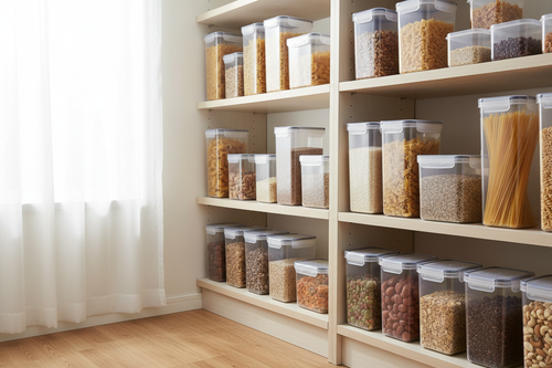 Organized kitchen pantry with clear airtight storage containers filled with pasta and grains